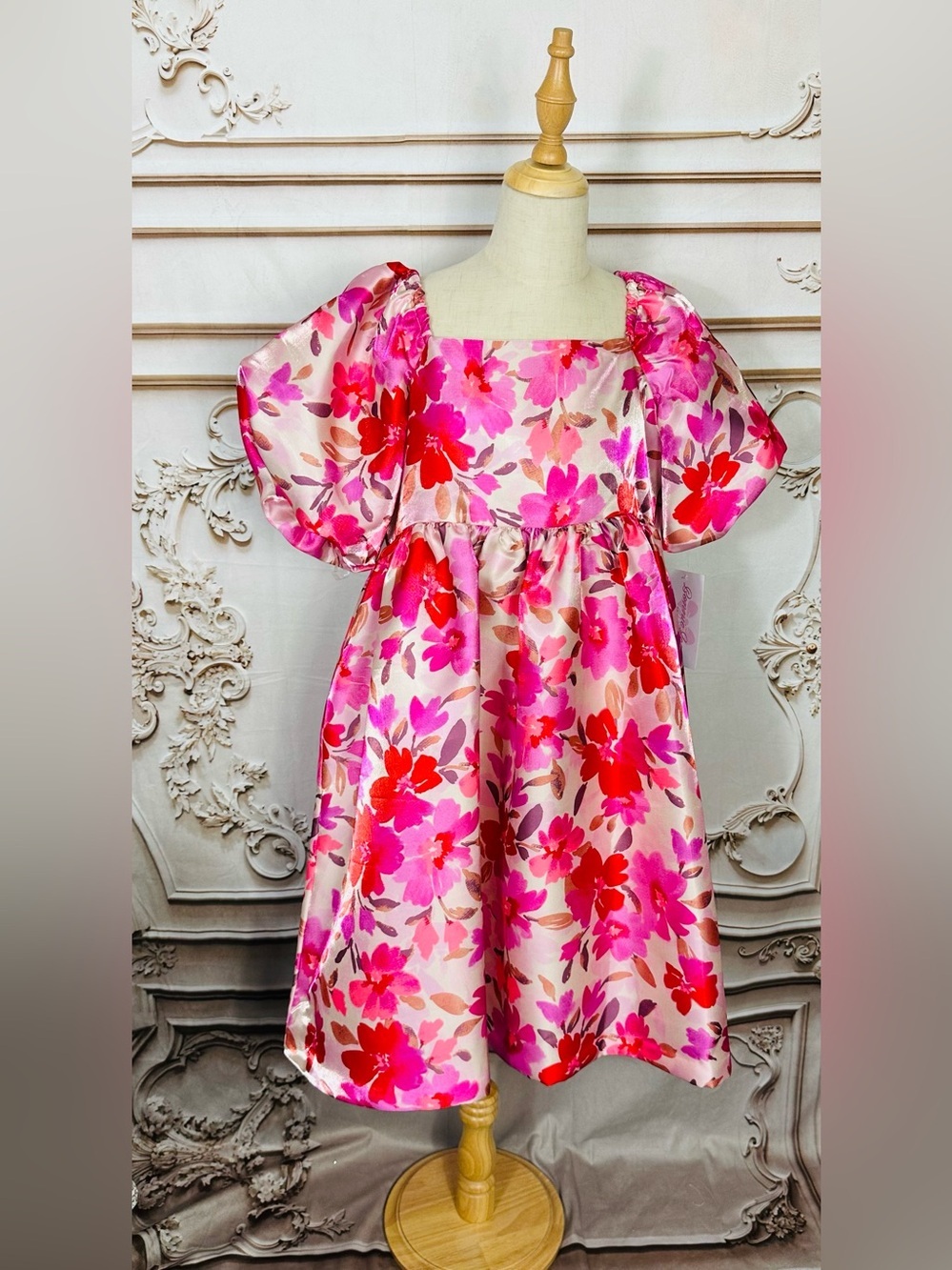 Bonnie Jean Pink & Red Floral Puff-Sleeve Dress